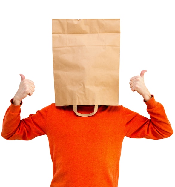 Man in bright clothes with a paper bag on head isolated on white background