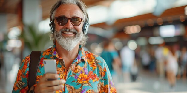 Человек в яркой удобной летней одежде и наушниках в аэропорту с помощью смартфона, созданного искусственным интеллектом