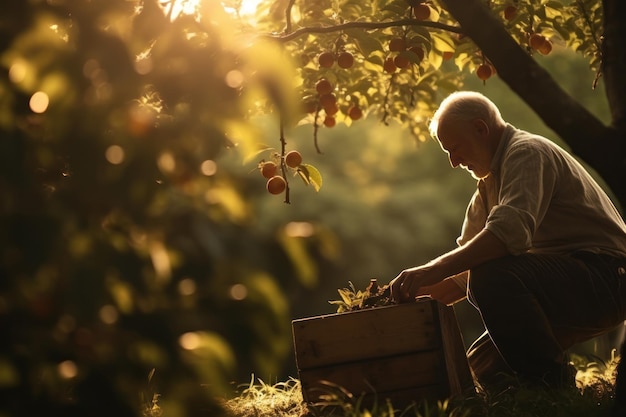 A man bring apples on an apple tree at sunrise