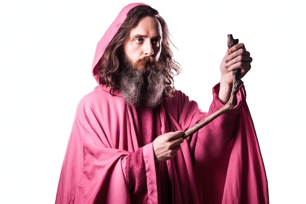 A man brown beard in a pink robe white background photo