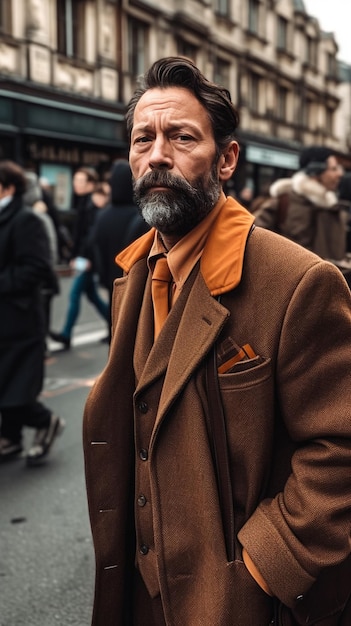 A man in a brown coat and orange tie stands on the street.