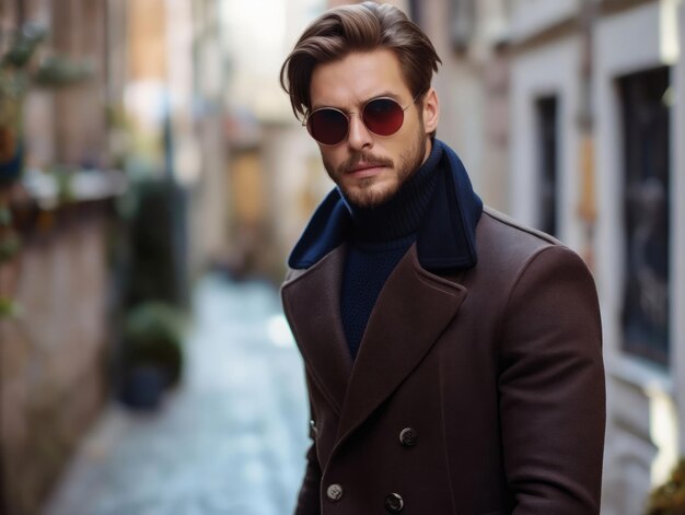 A man in a brown coat and sunglasses