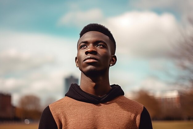 A man in a brown hoodie stands in a park looking up to the sky.