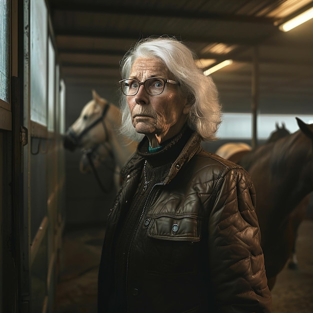 Photo a man in a brown jacket and glasses stands in a barn with horses