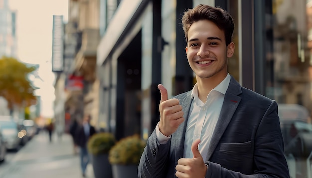 A man in a brown jacket is giving a thumbs up