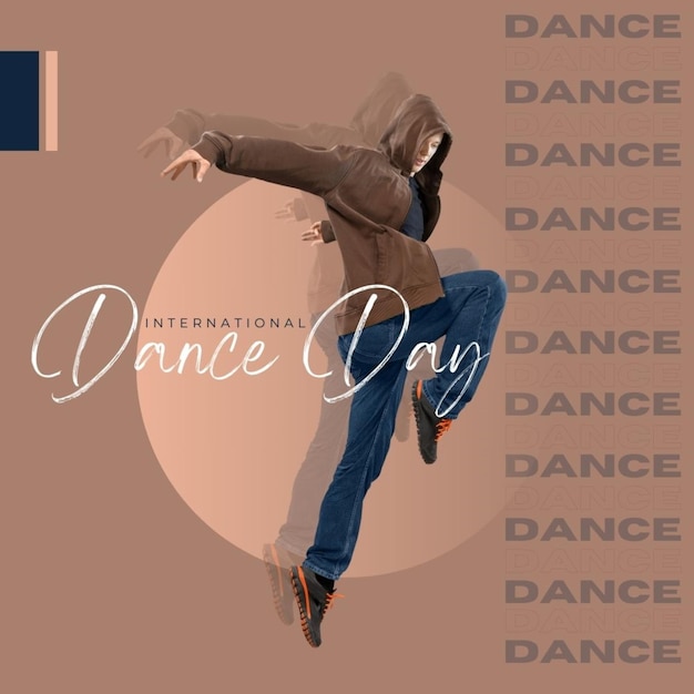 a man in a brown jacket is jumping in front of a circle that says dance