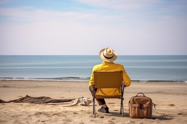 Man in brown jacket with yellow suitcase relaxing alone and sitting on beach chairs on seaside