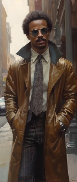 A man in a brown leather jacket stands in front of a building.