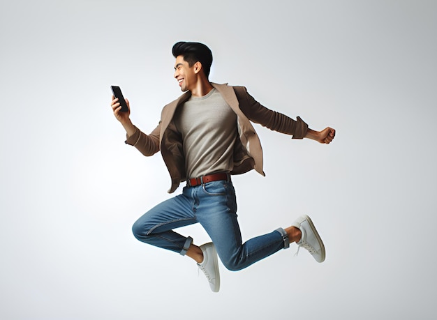 Foto un uomo con una camicia marrone tiene un telefono e salta in aria