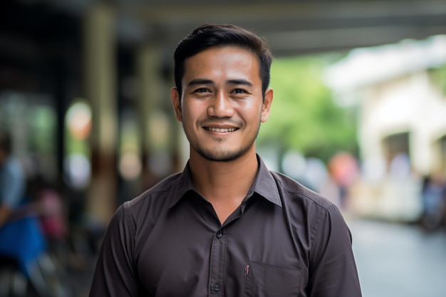 a man in a brown shirt smiles for the camera