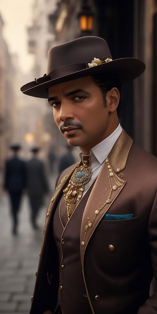 A man in a brown suit and a hat with a gold button and a blue button