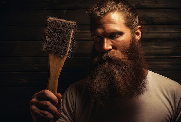 Photo man brushes his beard with wooden brush in the style of subversive appropriation