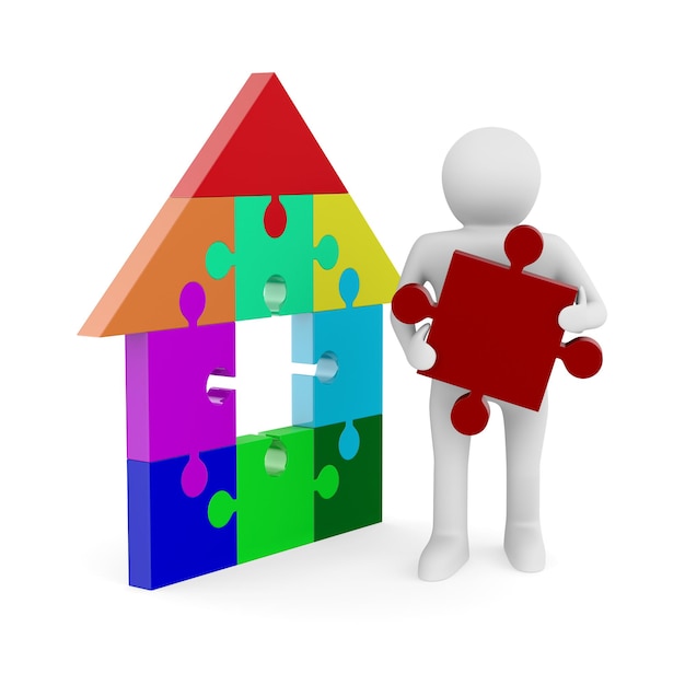 Photo man build house from puzzles on white background. isolated 3d illustration