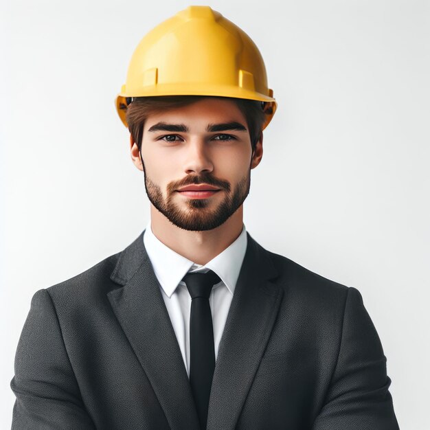 a man in a builder's uniform is under construction in the background