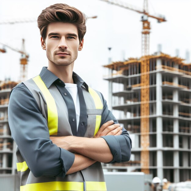 建築家の制服を着た男性が背景で建設中です