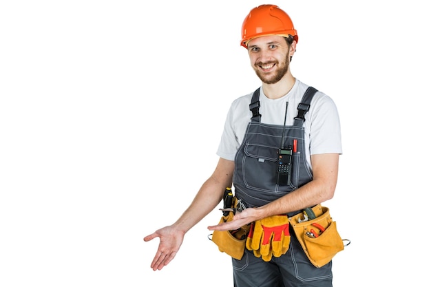 The man builder shows something Isolated over white background