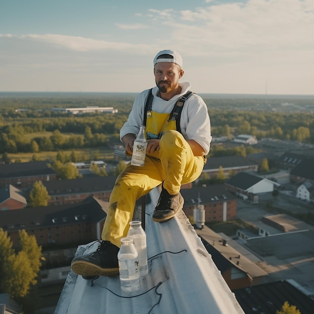 Man Builder Sitting on Roof Edge