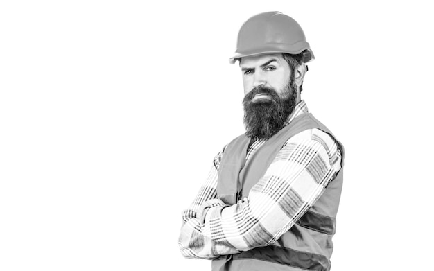 Man builders industry Worker in construction uniform Architect builder Bearded man worker with beard in building helmet or hard hat Black and white