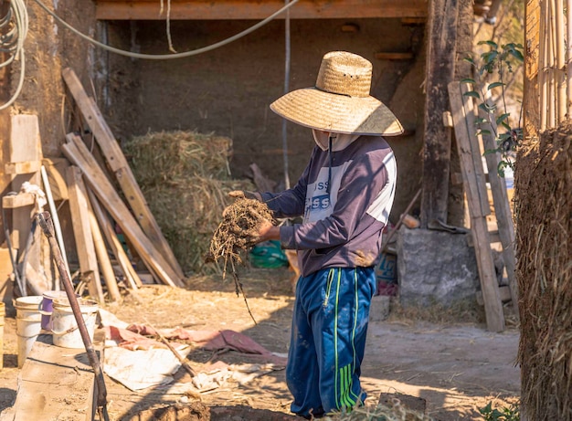 Man building a wall with reed and mud bioconstruction