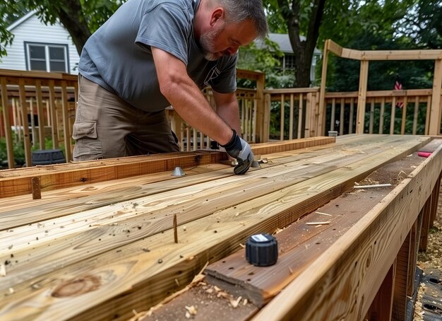 Man Building Wooden Deck in Backyard