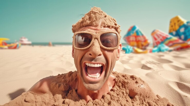A man buried in sand with his mouth open and his sunglasses on.