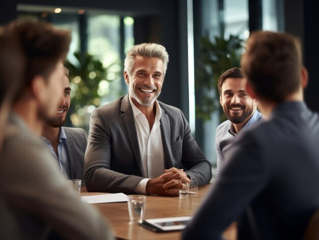 Photo man in a business meeting leading with confidence