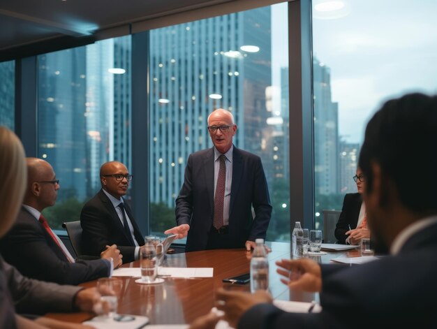 Photo man in a business meeting leading with confidence