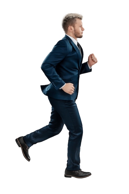 A man in a business suit, a businessman is running