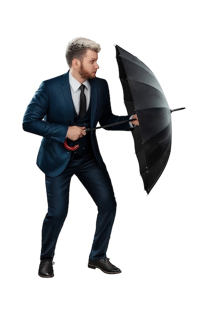 A man in a business suit, a businessman with an umbrella