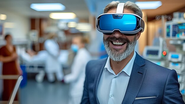 ビジネススーツを着た男性仮想現実のサングラスで病院で驚いた情緒的な喜び