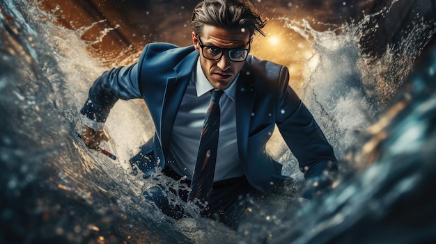 A man in a business suit and glasses overcoming the water element