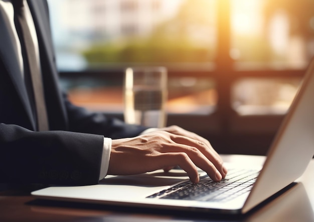 a man in a business suit is typing on a laptop.