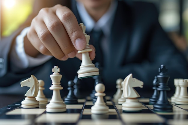 Man in business suit move chess figure on chessboard Business strategy concept Generative AI