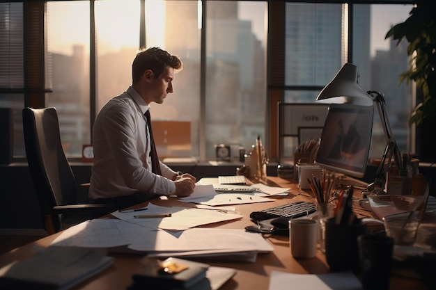 a man in a business suit sits at a desk in the office in the evening generative ai