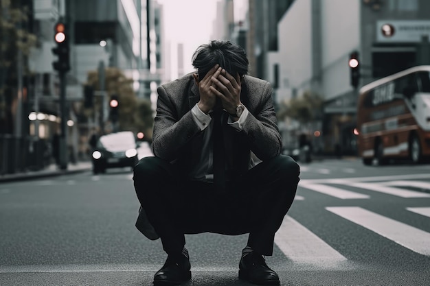 Мужчина в деловом костюме сидит на тротуаре с опущенной головой и руками, закрывающими лицо Генеративный ИИ