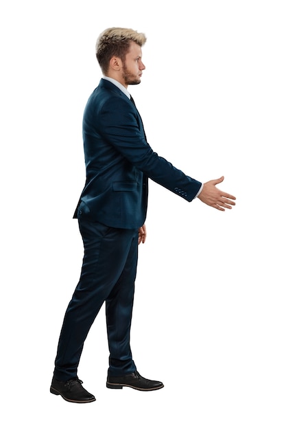 Человек бизнесмен в деловой костюм в полный рост жест рукопожатие