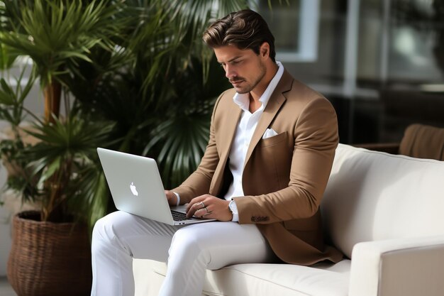 Photo man businessman computer laptop business smiling office