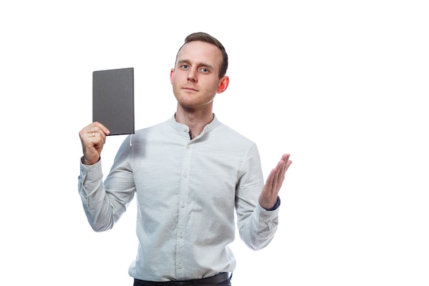 Man businessman, teacher, mentor examines entries in your diary. Isolated on white background