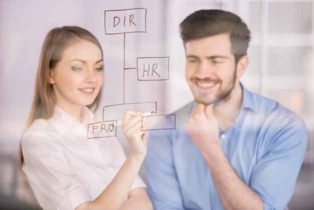 Man and businesswoman drawing on glass screen in office.