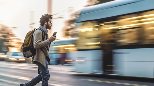 Foto uomo in una strada trafficata con uno smartphone in mano