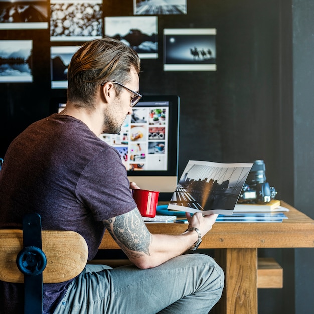 Photo man busy photographer editing home office concept