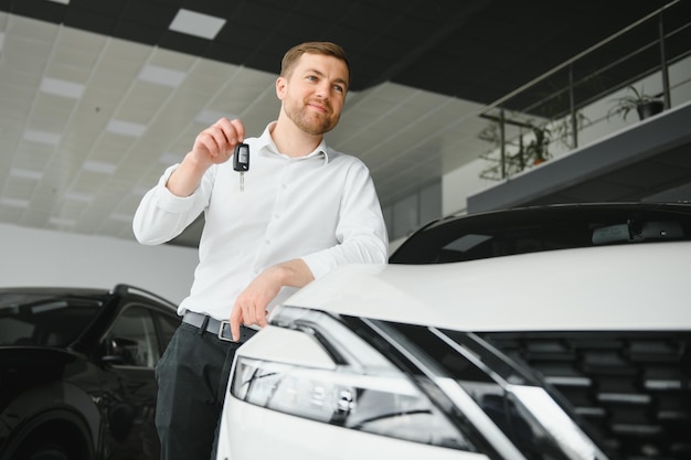 Man buying a car at a showroom