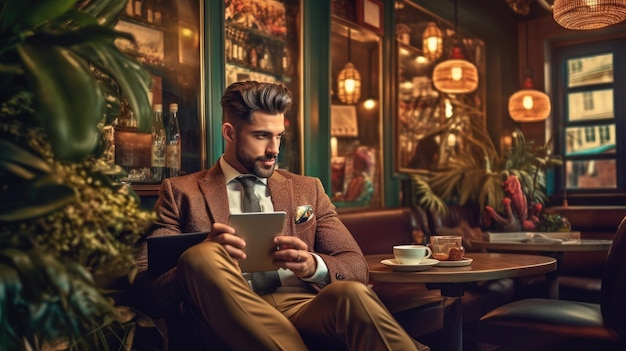 A man in a cafe with a tablet in his hands.