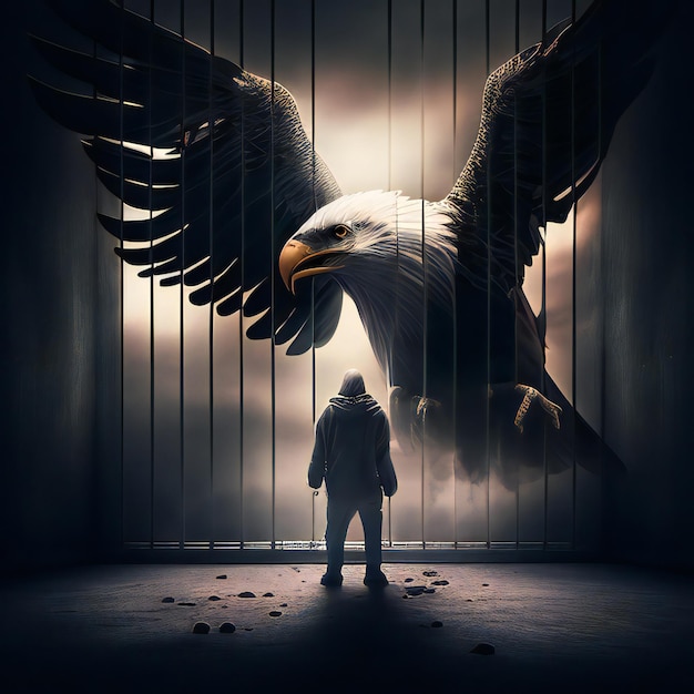 A man in a cage looking at a bald eagle flying in the sky