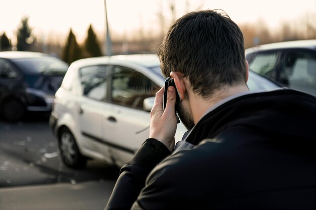 Foto uomo che chiama l'assicurazione del veicolo al telefono a causa di un incidente