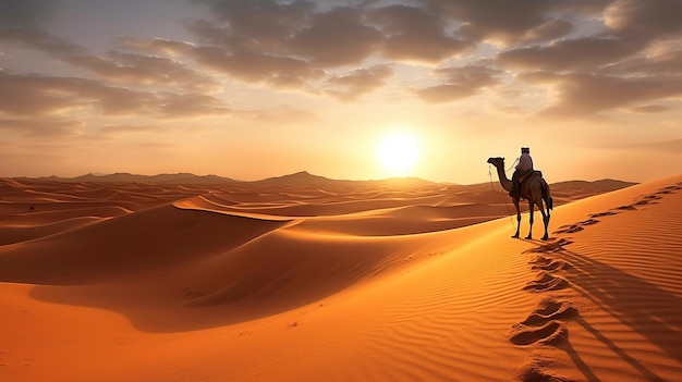 a man and a camel ride through the desert at sunset.