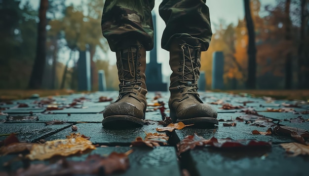 A man in camouflage pants and boots stands in front of a statue