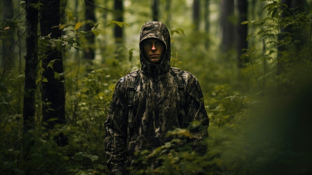 Man in camouflage standing in the forest