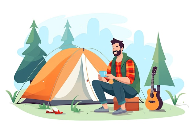 Photo man camping in the forest with tent travel nature cartoon flat vector illustration