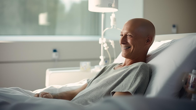 Man cancer patient with a small smile lying in a hospital bed